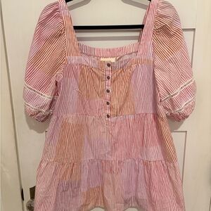 Maeve by Anthropologie Pink and White Striped Puff-Sleeve Tunic
